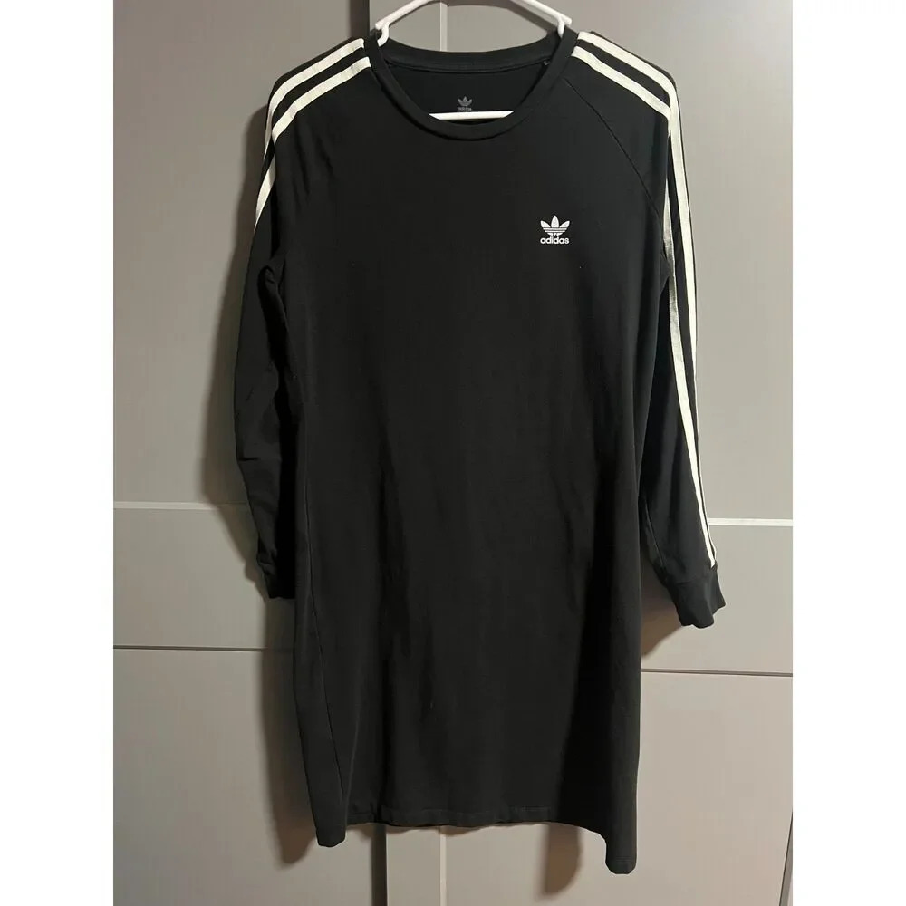 Adidas Kids Long Sleeve Knee Length Dress Stripe Sleeves Black Size XL (W Small)